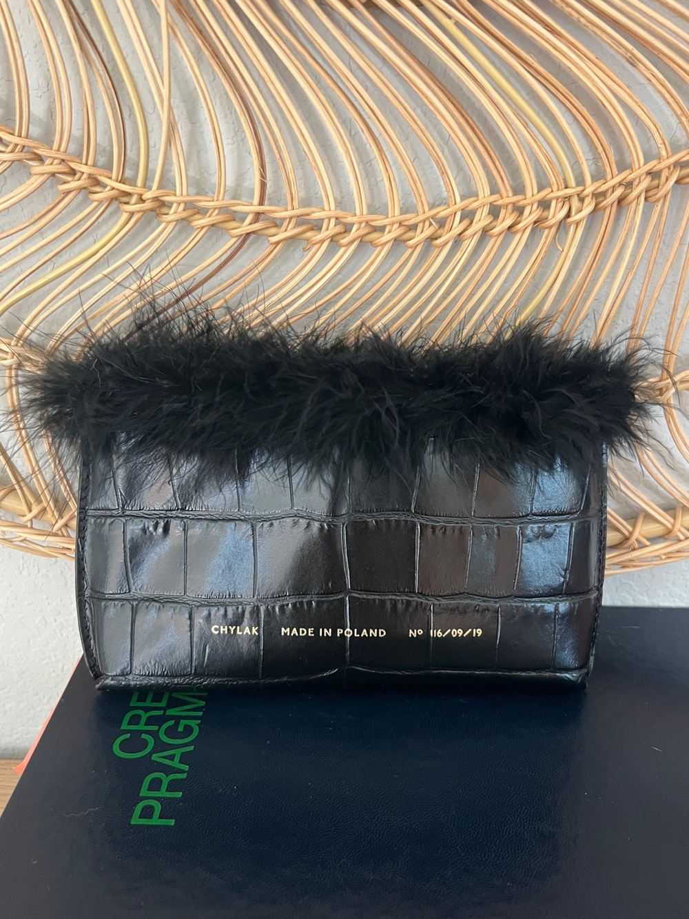 Chylak Black Croc Leather Feather Trim Mini Crossbody Bag